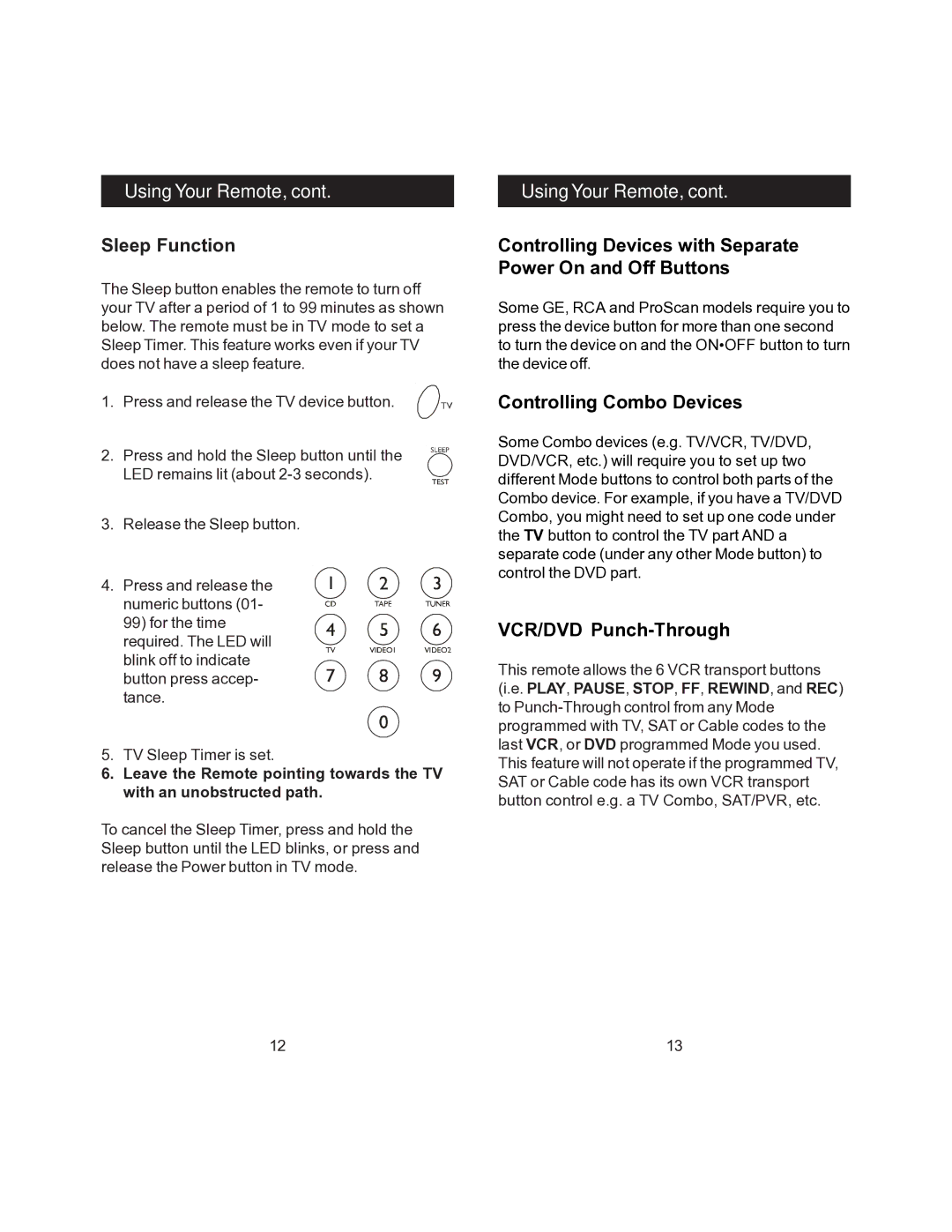 Jasco RM24945 instruction manual Using Your Remote, Sleep Function 