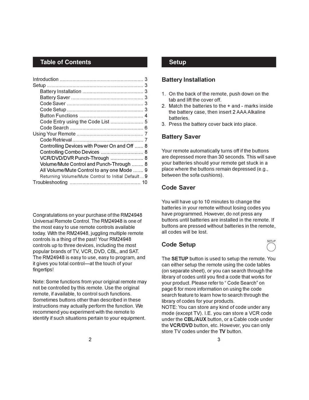 Jasco RM24948 instruction manual Table of Contents, Setup 