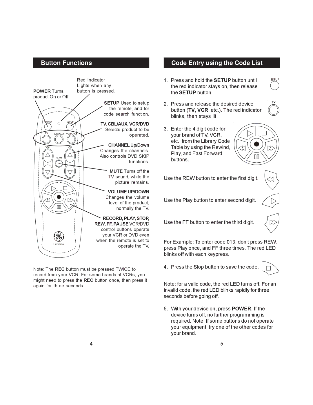 Jasco RM24948 instruction manual Button Functions Code Entry using the Code List, Power Turns product On or Off 