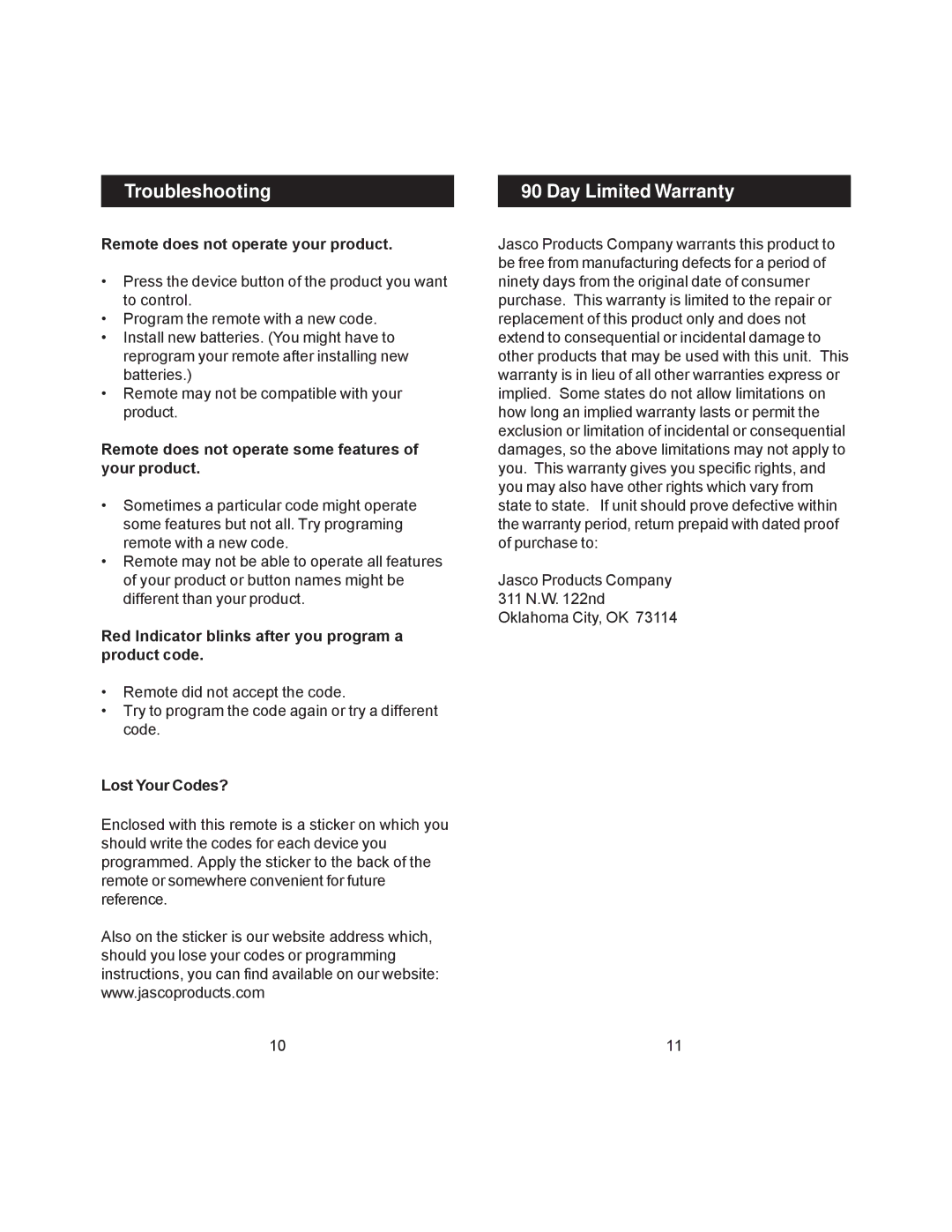 Jasco RM24948 instruction manual Troubleshooting, Day Limited Warranty 