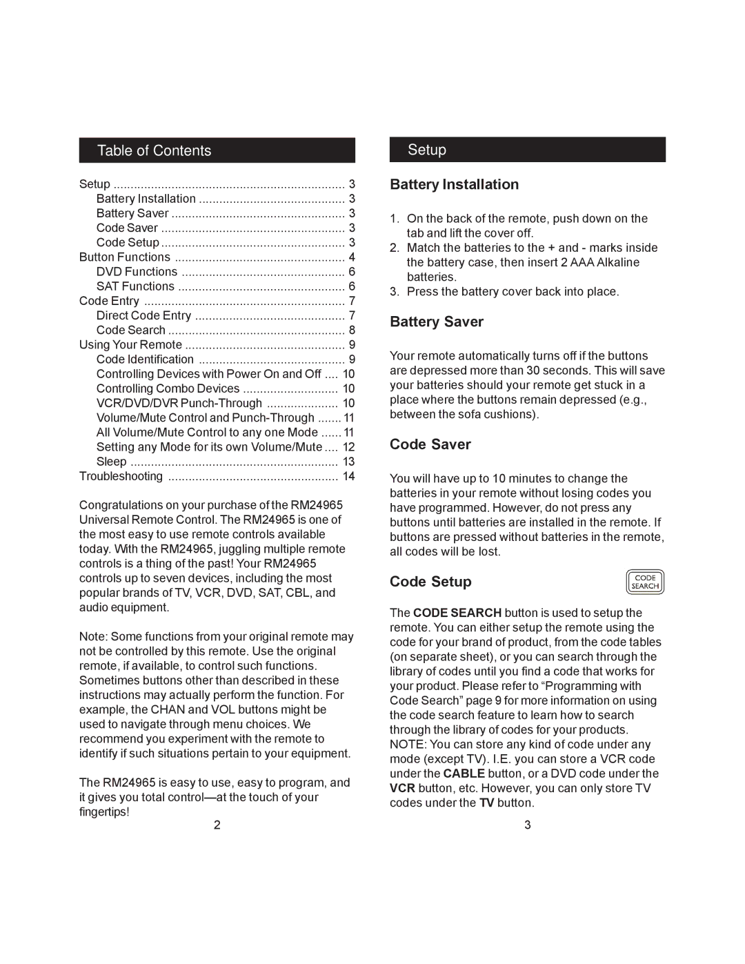 Jasco RM24965 instruction manual Table of Contents, Setup 