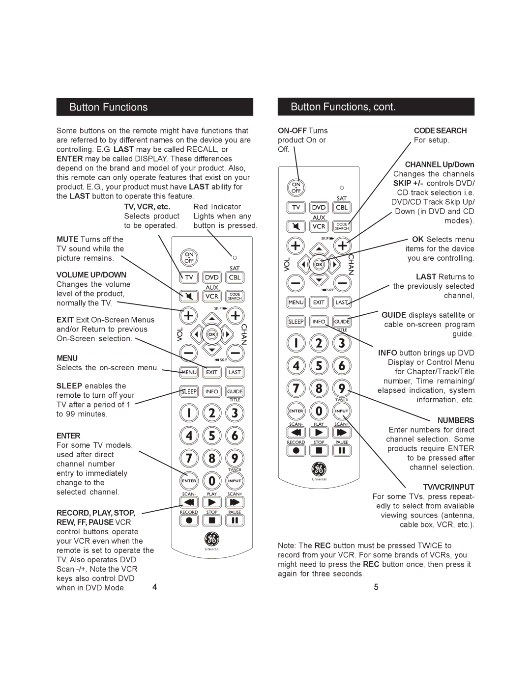 Jasco RM24965 instruction manual Button Functions 