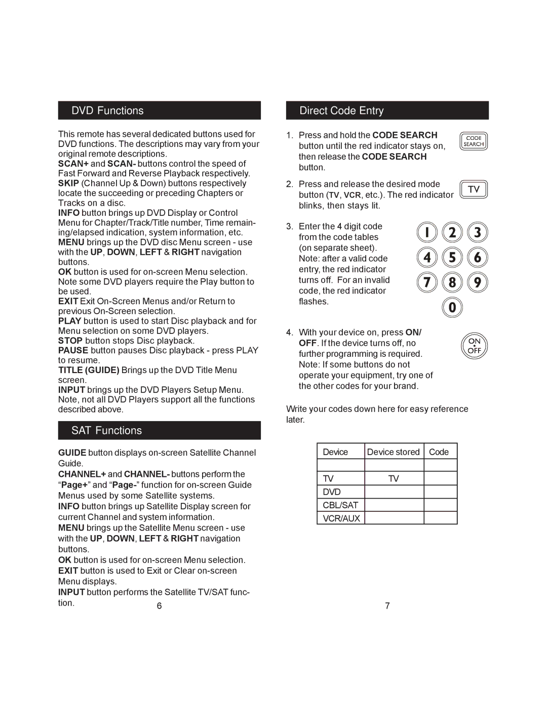 Jasco RM24965 instruction manual DVD Functions, SAT Functions, Direct Code Entry 