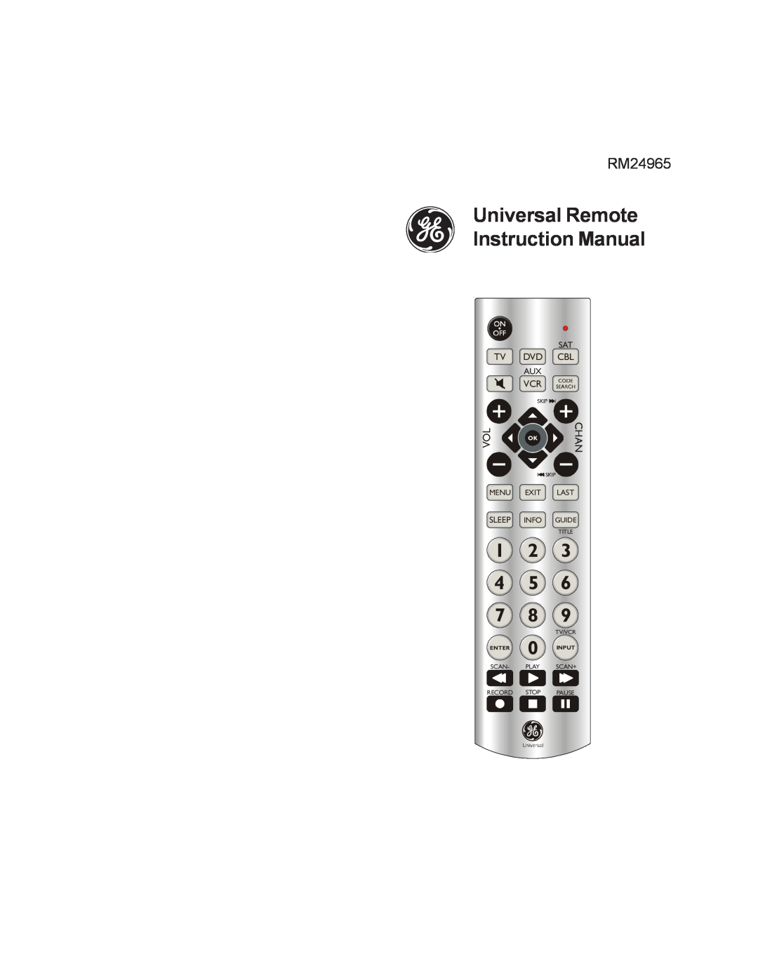 Jasco RM24965 instruction manual Universal Remote Instruction Manual, Tv Dvd, Menu, Exit, Sleep, Last, Info, Guide, Scan 