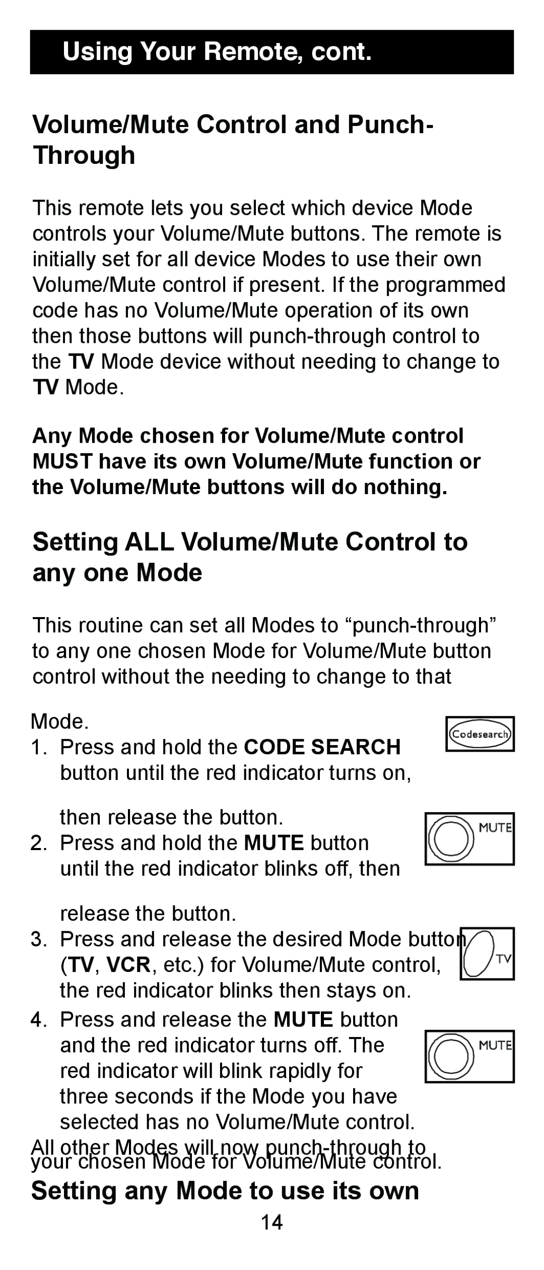 Jasco RM24970 instruction manual Volume/Mute Control and Punch- Through, Setting ALL Volume/Mute Control to any one Mode 