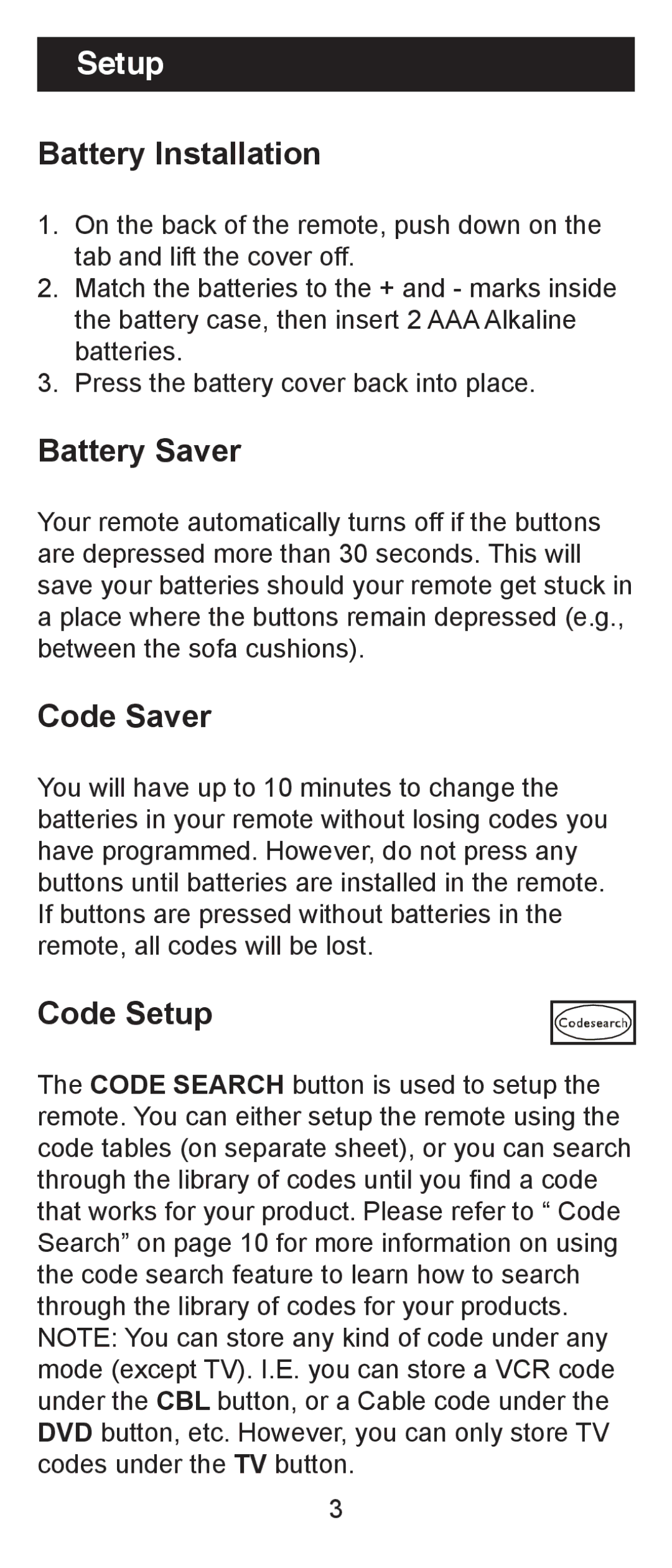 Jasco RM24970 instruction manual Battery Installation, Battery Saver, Code Saver, Code Setup 