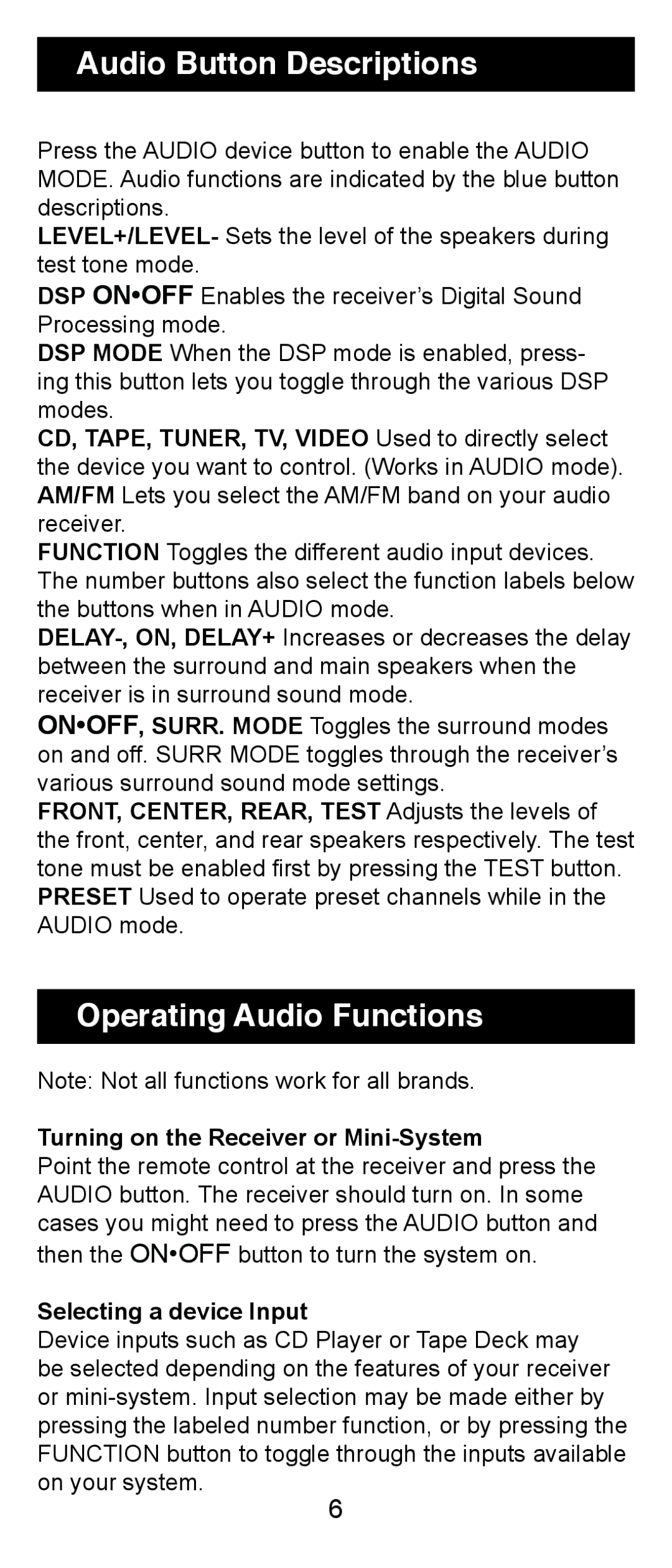 Jasco RM24970 instruction manual Audio Button Descriptions, Operating Audio Functions 