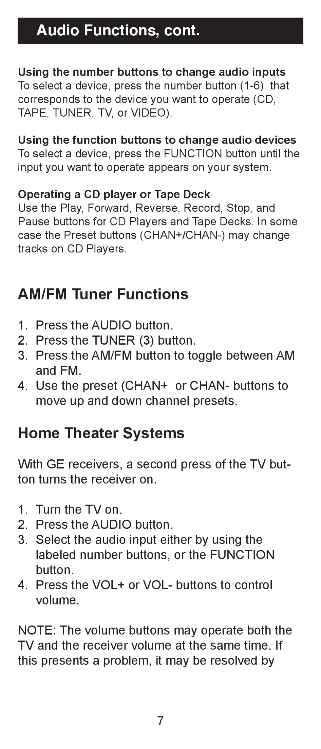 Jasco RM24970 instruction manual Audio Functions, AM/FM Tuner Functions, Home Theater Systems 