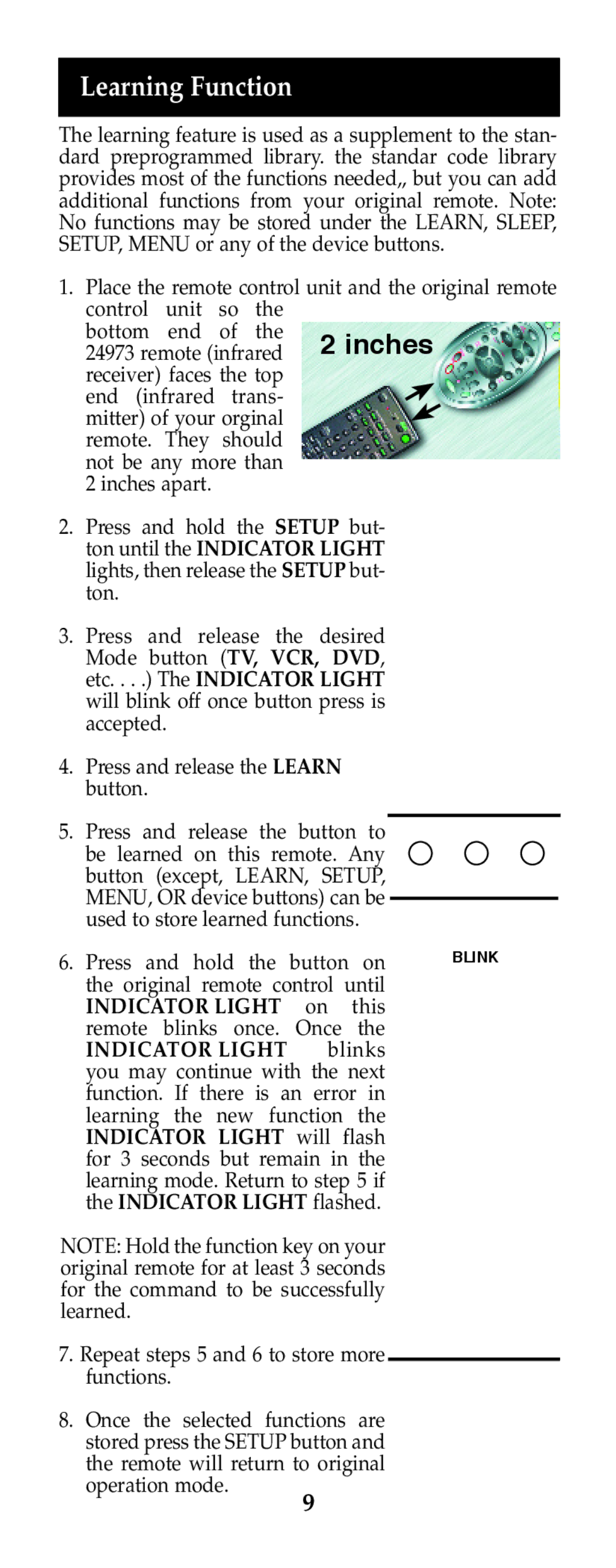 Jasco RM24973 instruction manual Learning Function, Indicator Light blinks 