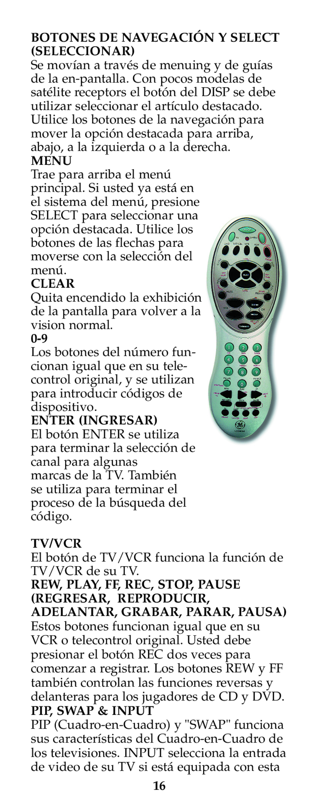 Jasco RM24973 instruction manual Botones DE Navegación Y Select Seleccionar, Enter Ingresar, Tv/Vcr, PIP, Swap & Input 