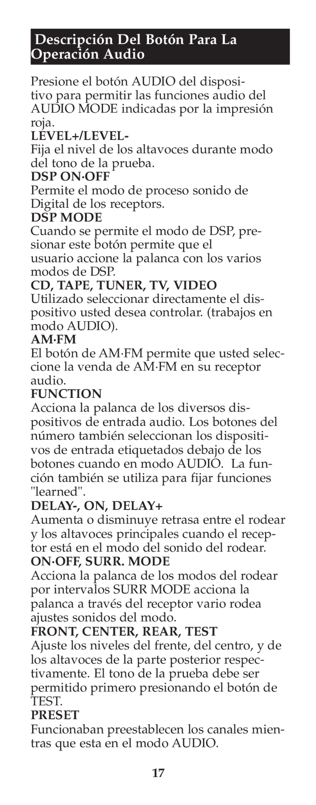 Jasco RM24973 instruction manual Descripción Del Botón Para La Operación Audio, Dsp On·Off, Am·Fm, ON·OFF, SURR. Mode 