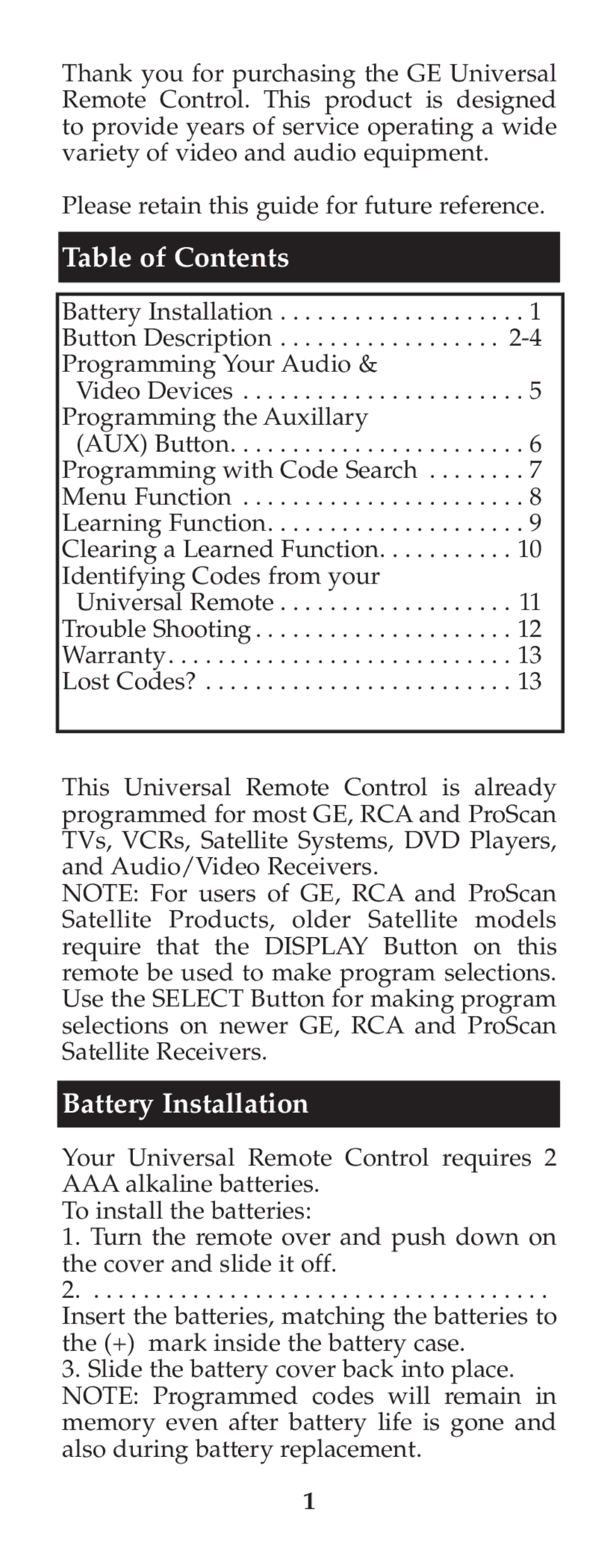 Jasco RM24973 instruction manual Table of Contents, Battery Installation 