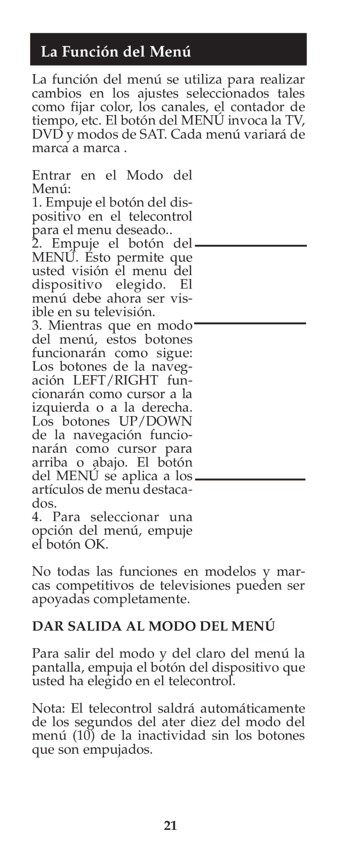 Jasco RM24973 instruction manual La Función del Menú, DAR Salida AL Modo DEL Menú 