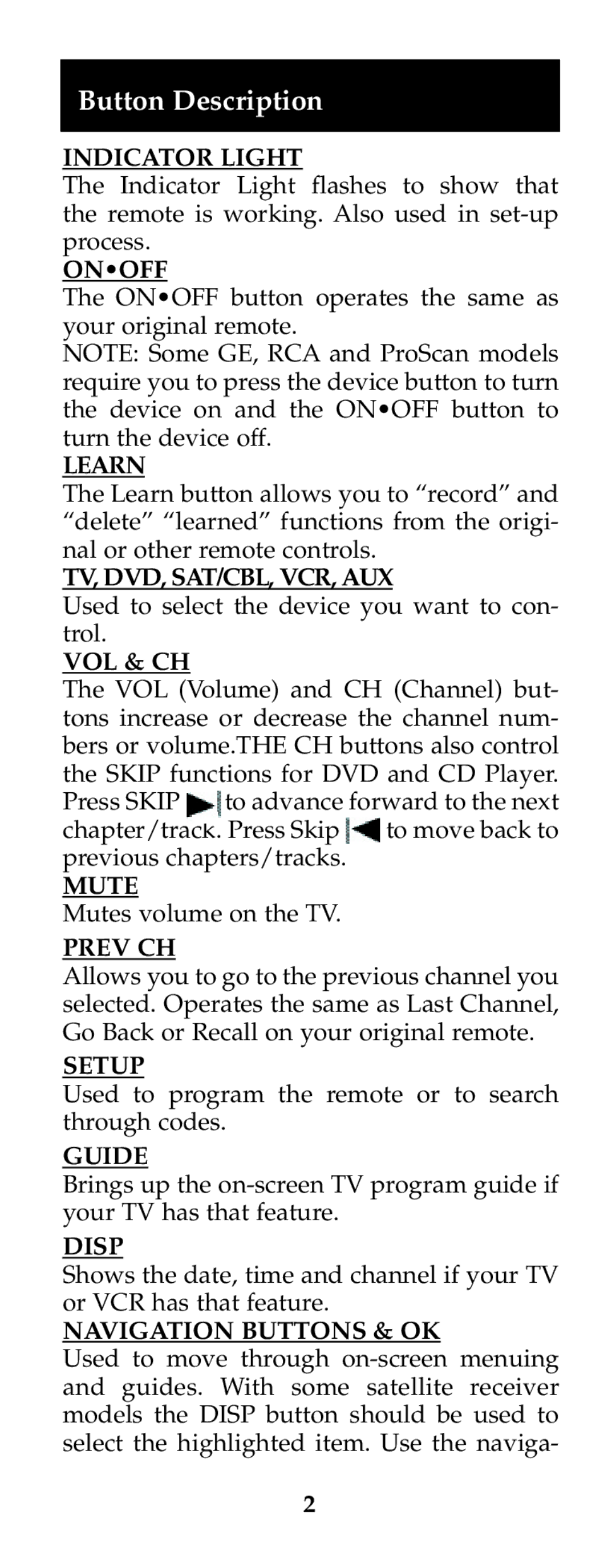 Jasco RM24973 instruction manual Button Description 