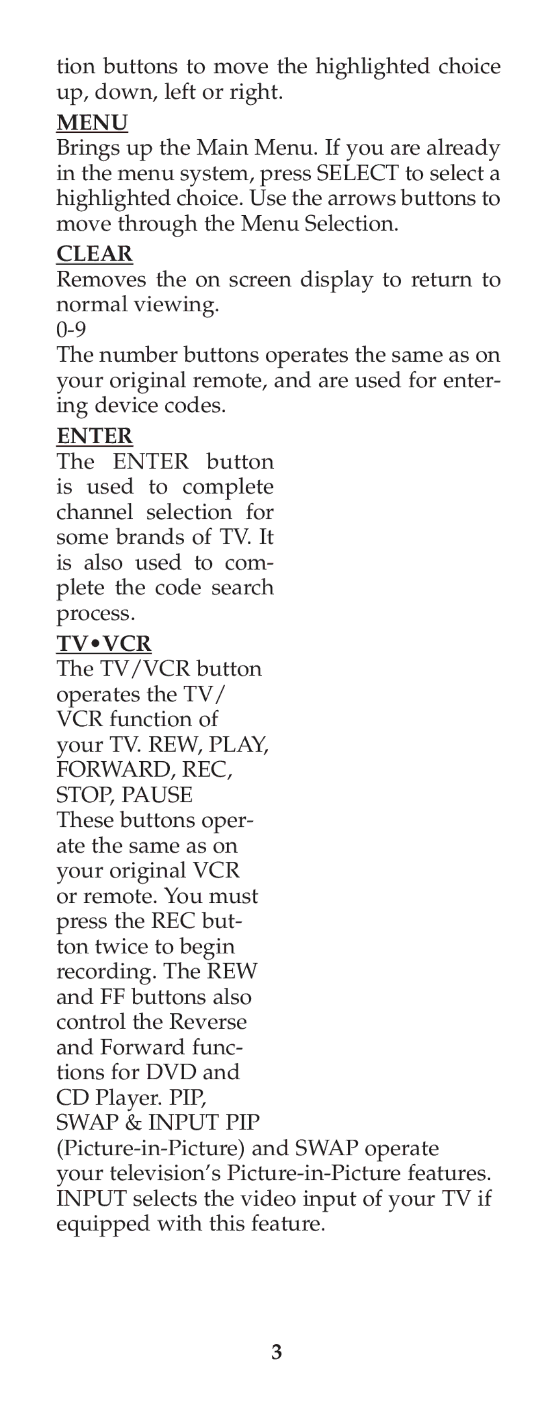 Jasco RM24973 instruction manual Menu, Clear, Enter, Tvvcr 