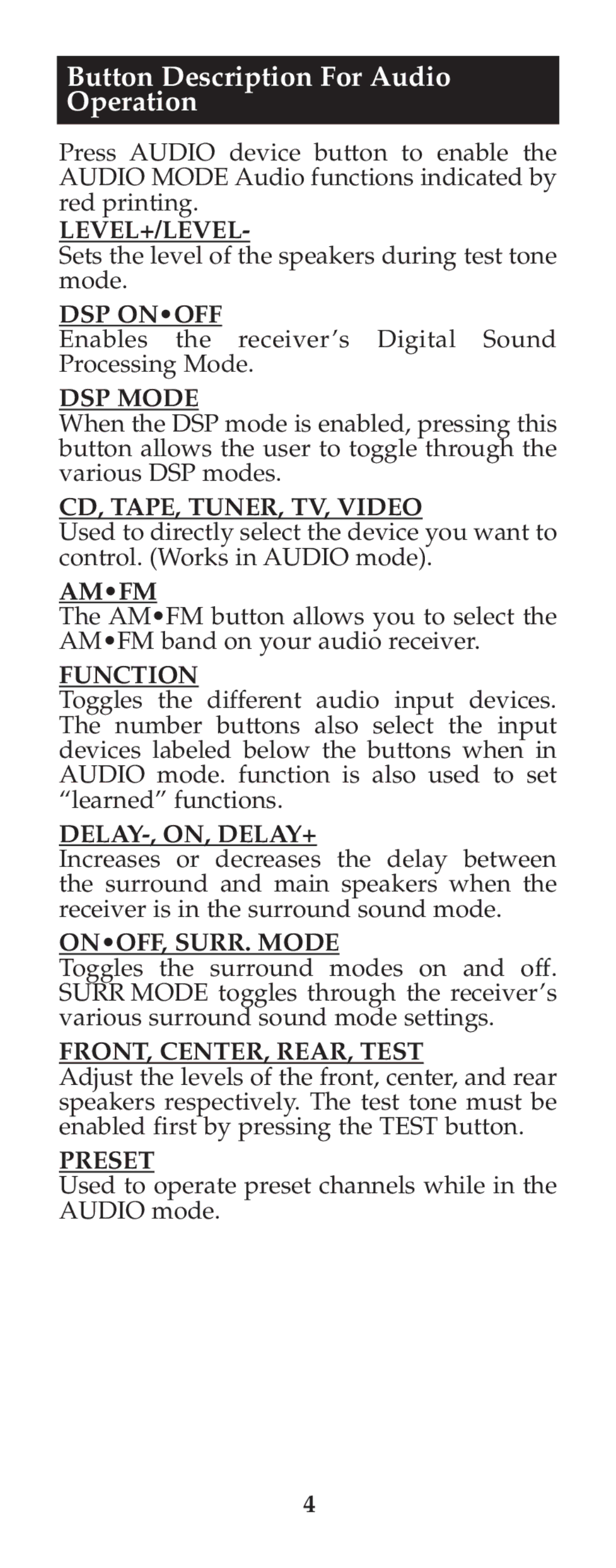 Jasco RM24973 instruction manual Button Description For Audio Operation 