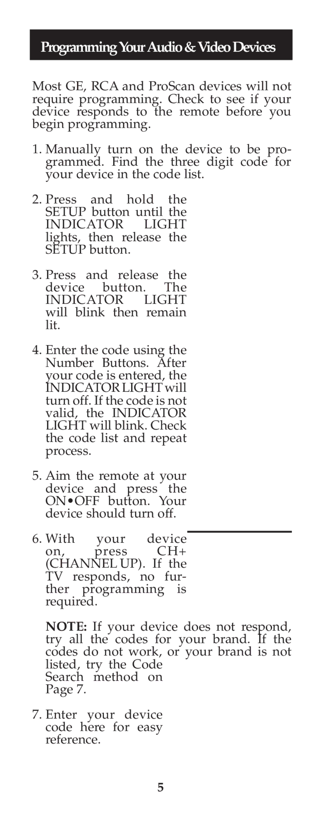 Jasco RM24973 instruction manual TV Code LIST5, ProgrammingYourAudio&VideoDevices 