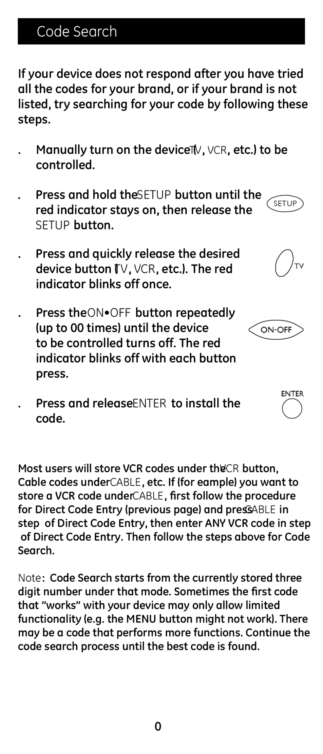 Jasco RM24974 instruction manual Code Search, Setup button 