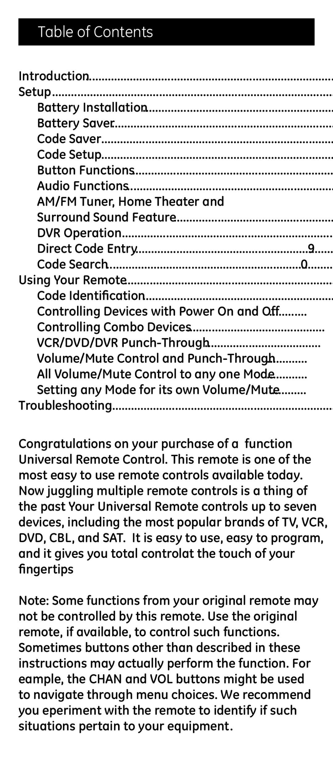 Jasco RM24974 instruction manual Table of Contents 