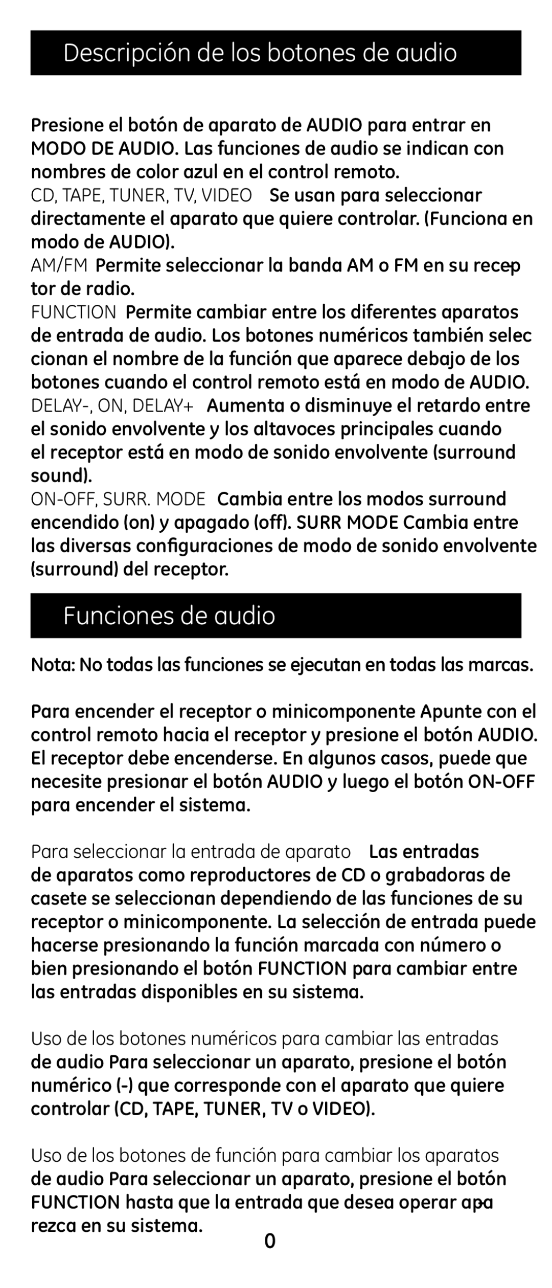 Jasco RM24974 instruction manual Descripción de los botones de audio, Funciones de audio 