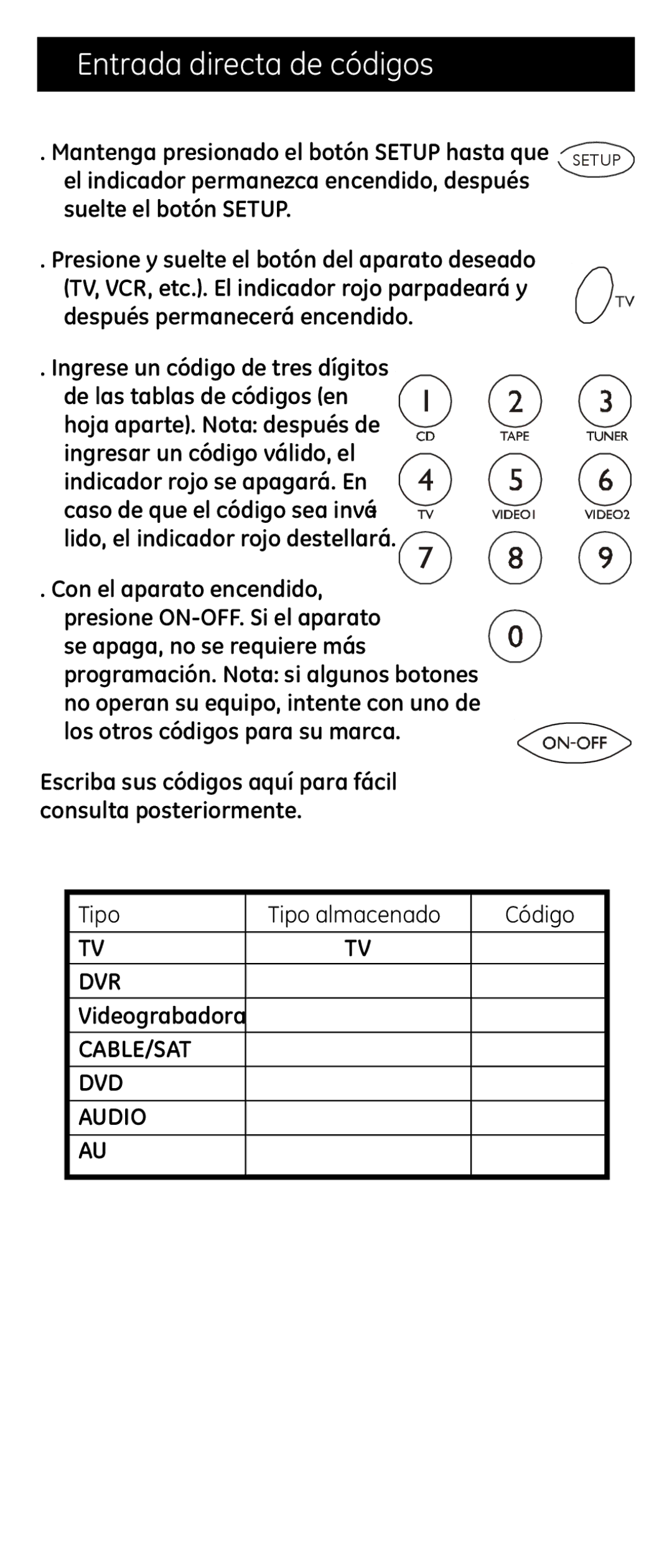 Jasco RM24974 instruction manual Entrada directa de códigos 