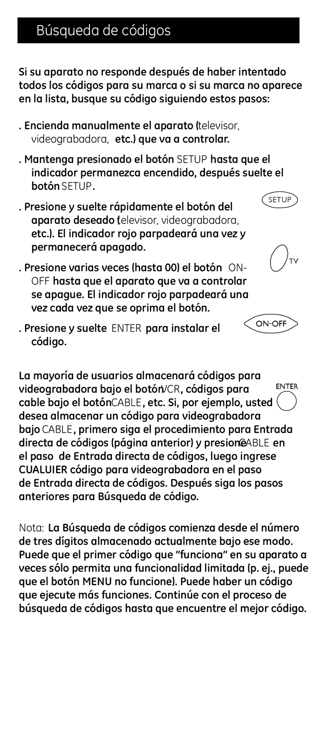 Jasco RM24974 instruction manual Búsqueda de códigos, Presione y suelte Enter para instalar el código 