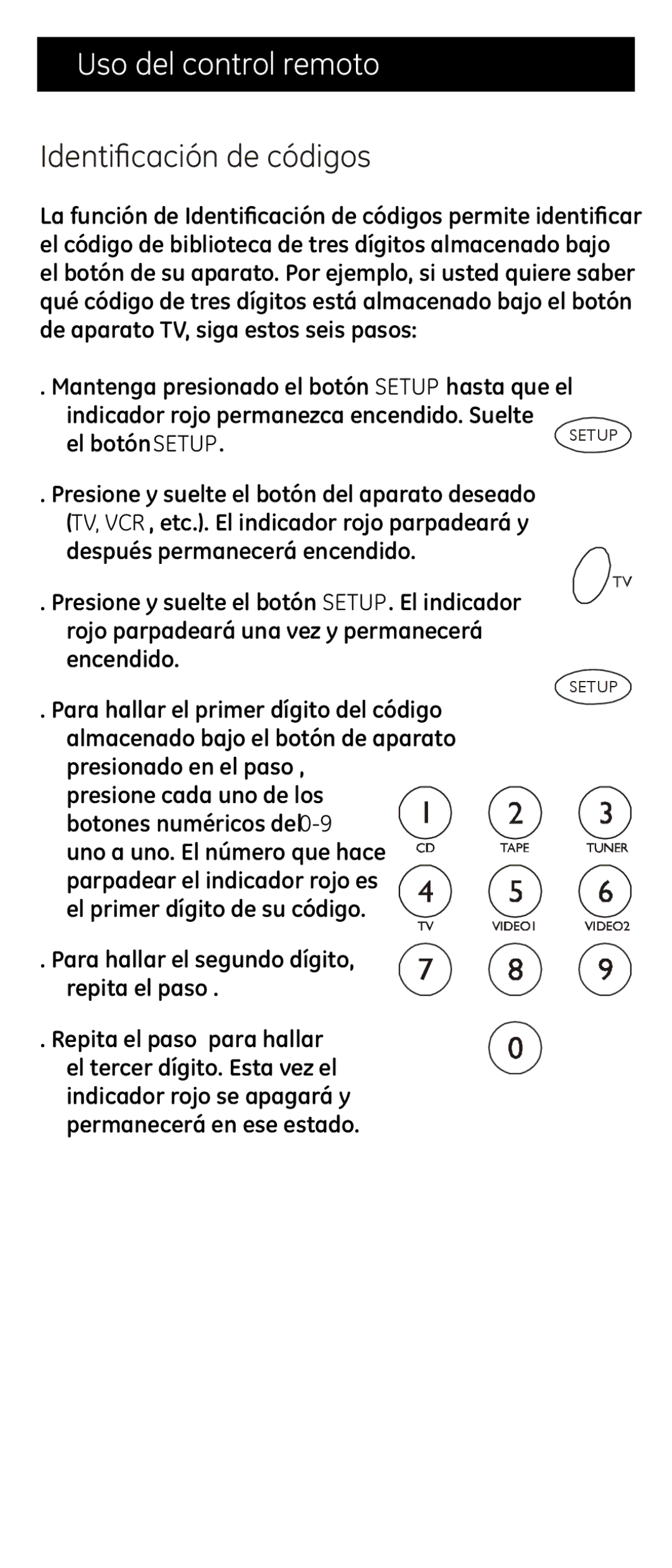 Jasco RM24974 instruction manual Uso del control remoto, Identificación de códigos 