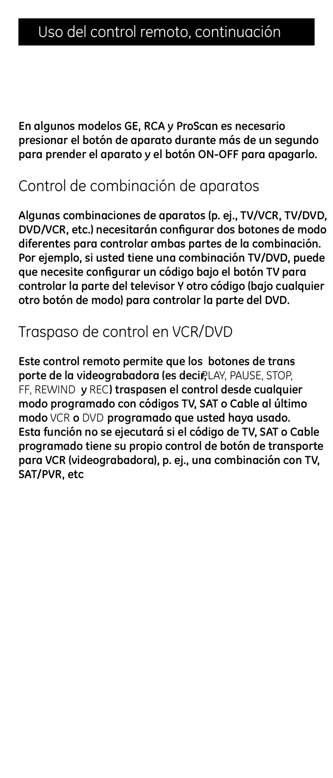 Jasco RM24974 Uso del control remoto, continuación, Control de combinación de aparatos, Traspaso de control en VCR/DVD 