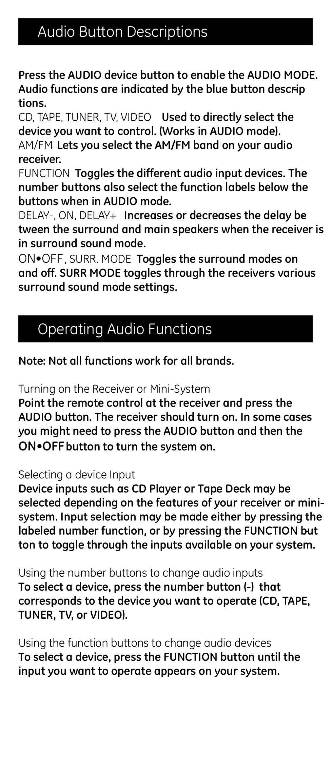 Jasco RM24974 instruction manual Audio Button Descriptions, Operating Audio Functions 