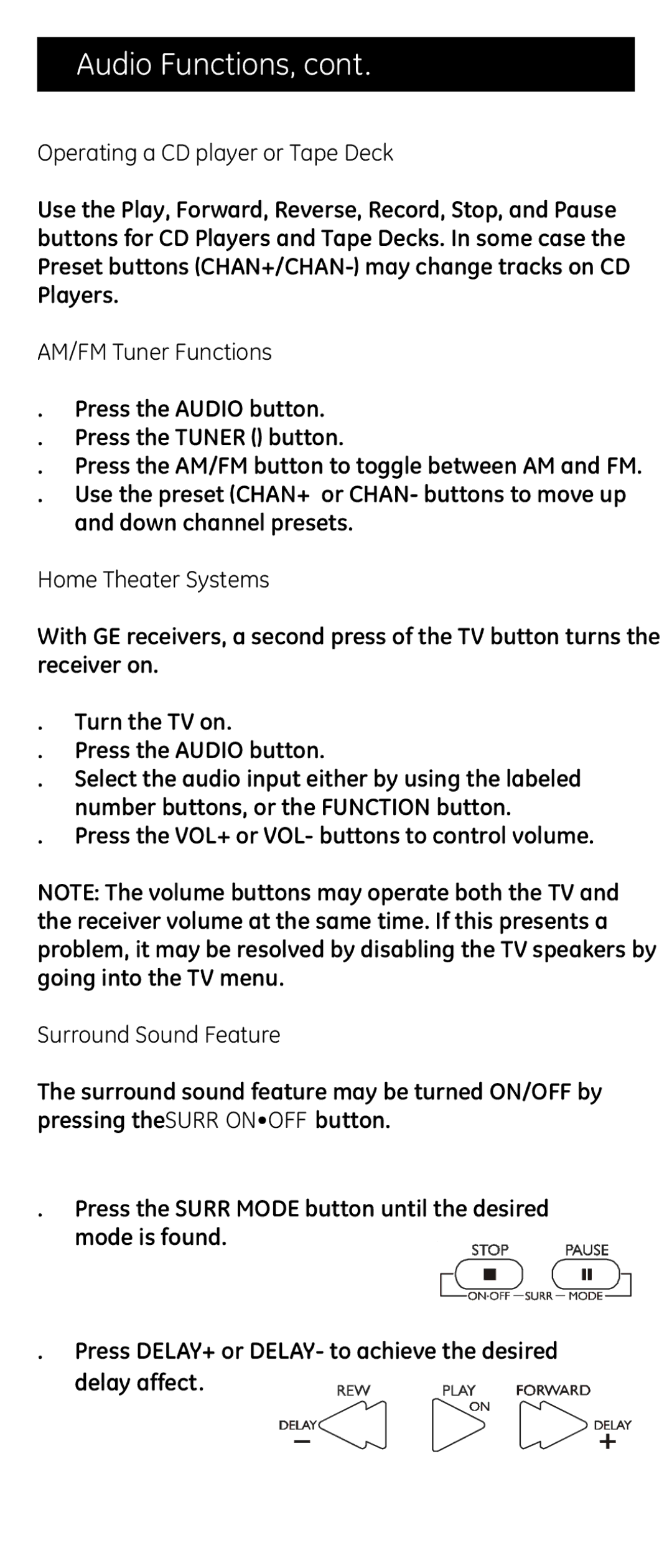 Jasco RM24974 instruction manual Audio Functions, Operating a CD player or Tape Deck 