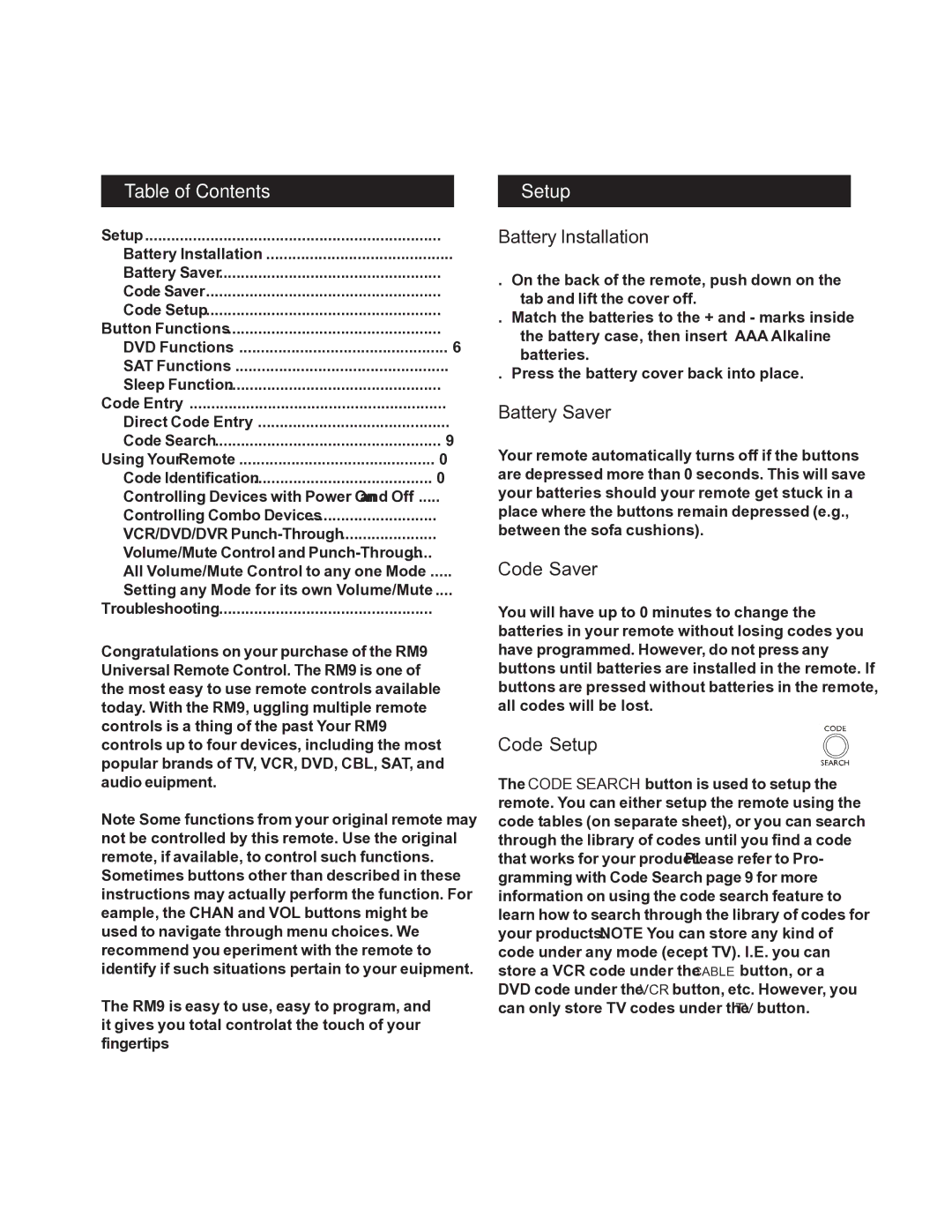 Jasco RM24977 instruction manual Table of Contents, Setup 