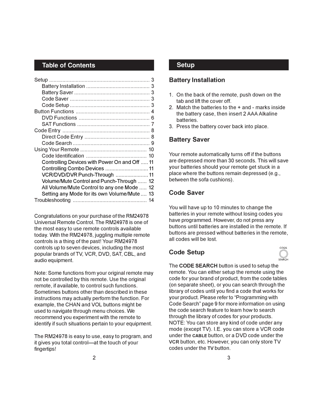 Jasco RM24978 instruction manual Table of Contents, Setup 