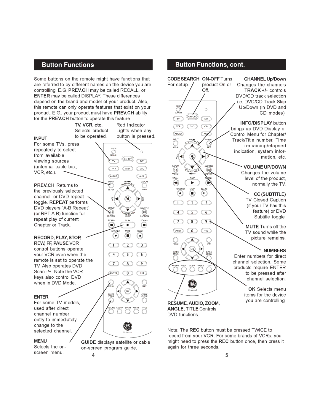 Jasco RM24978 instruction manual Button Functions 