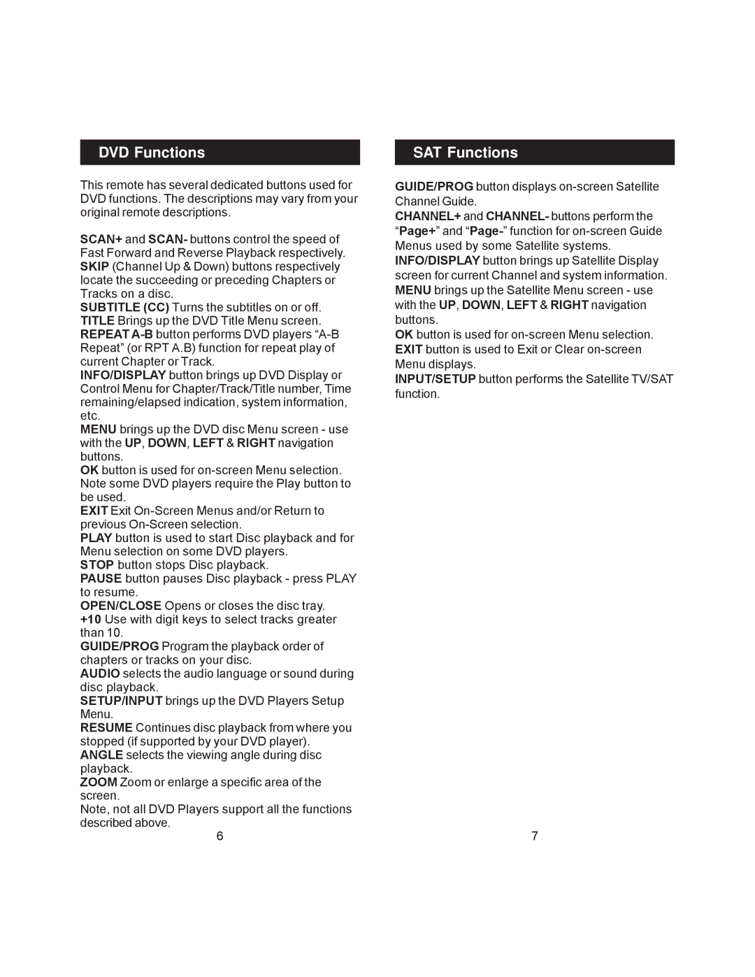 Jasco RM24978 instruction manual DVD Functions, SAT Functions 