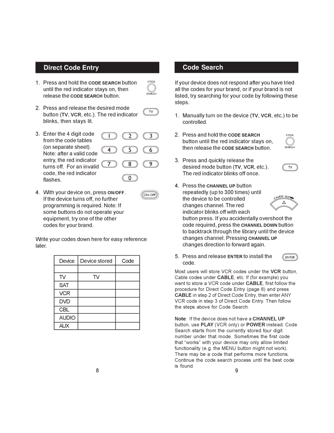 Jasco RM24978 instruction manual Direct Code Entry, Code Search 