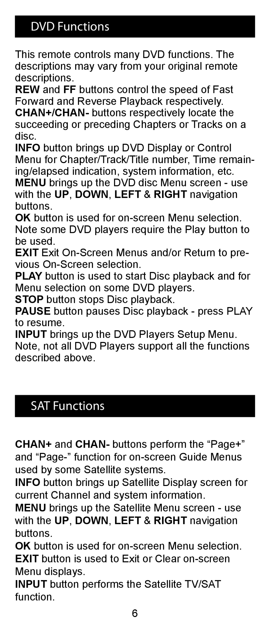 Jasco RM24993 instruction manual DVD Functions, SAT Functions 