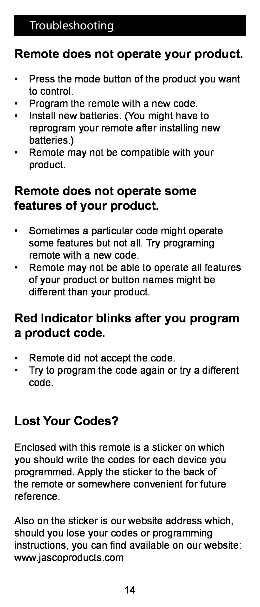 Jasco RM24993 Troubleshooting, Remote does not operate your product, Remote does not operate some features of your product 