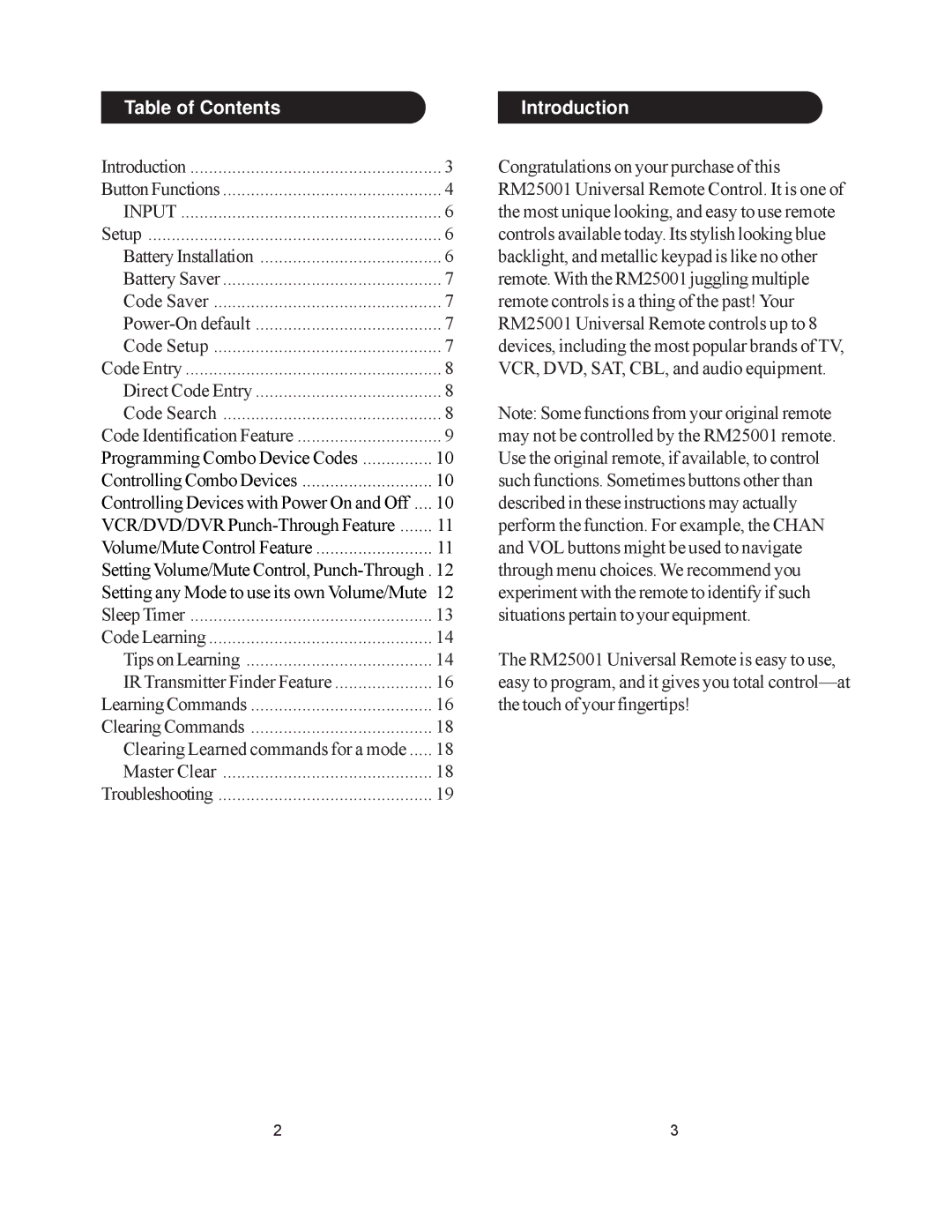 Jasco RM25001 instruction manual Table of Contents, Introduction 