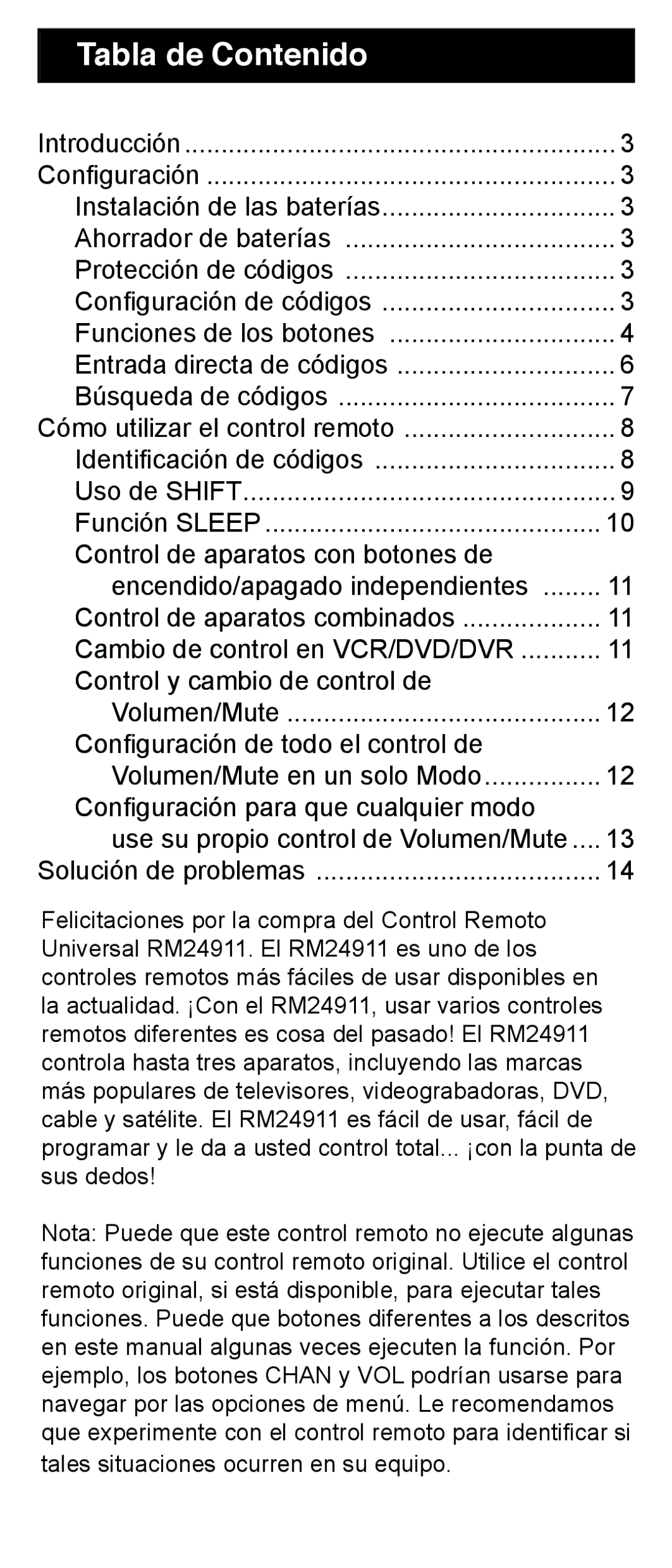 Jasco RM24911, RM84911 instruction manual Tabla de Contenido 