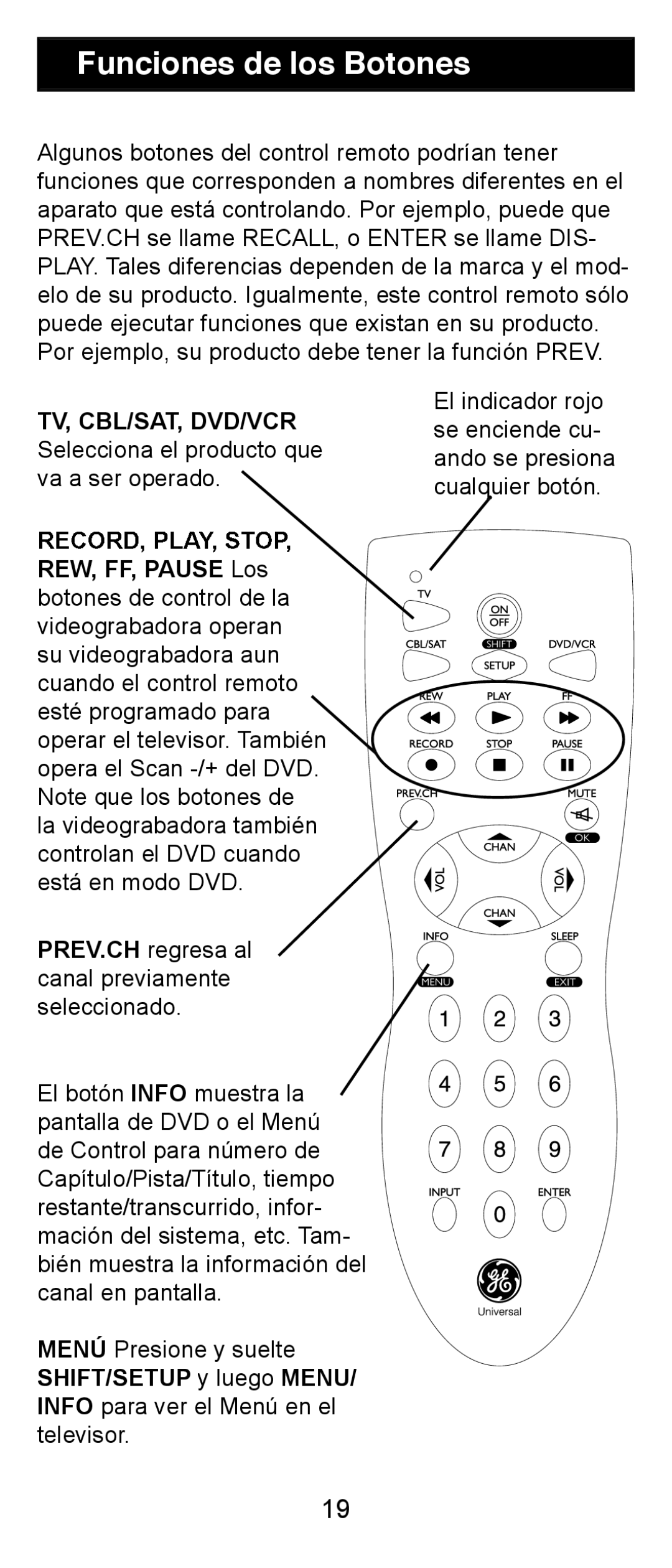 Jasco RM24911, RM84911 instruction manual Funciones de los Botones 