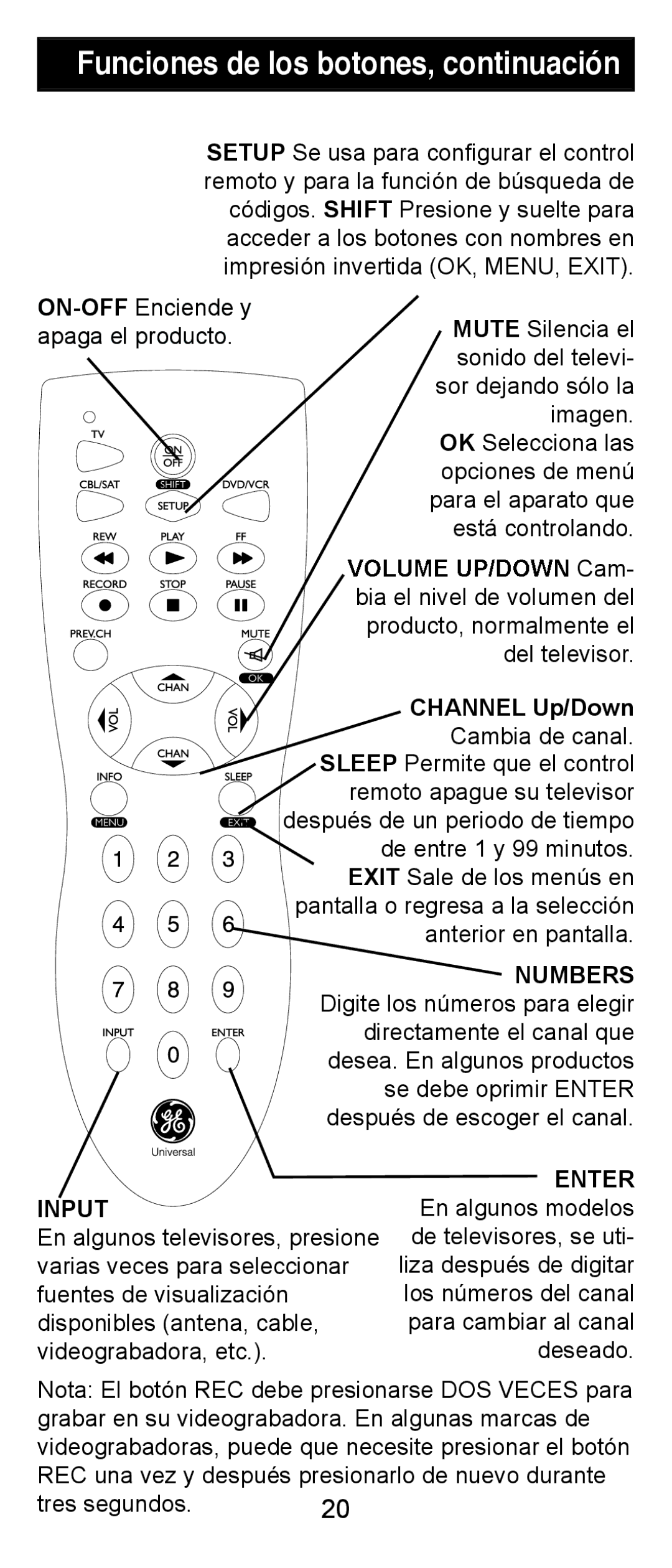 Jasco RM84911, RM24911 instruction manual Funciones de los botones, continuación 