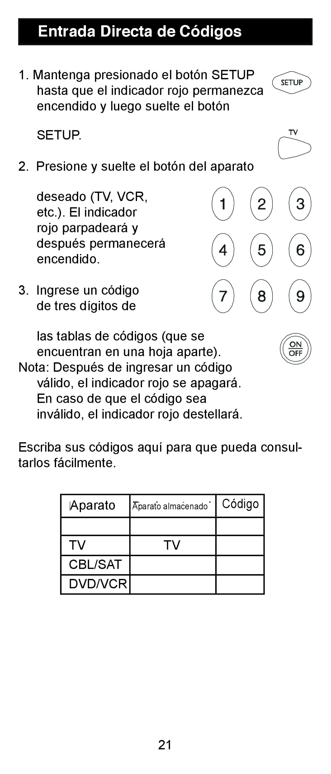 Jasco RM24911, RM84911 instruction manual Entrada Directa de Códigos, Setup 