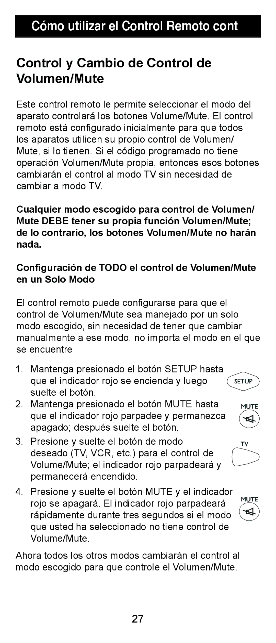 Jasco RM24911, RM84911 instruction manual Control y Cambio de Control de Volumen/Mute 