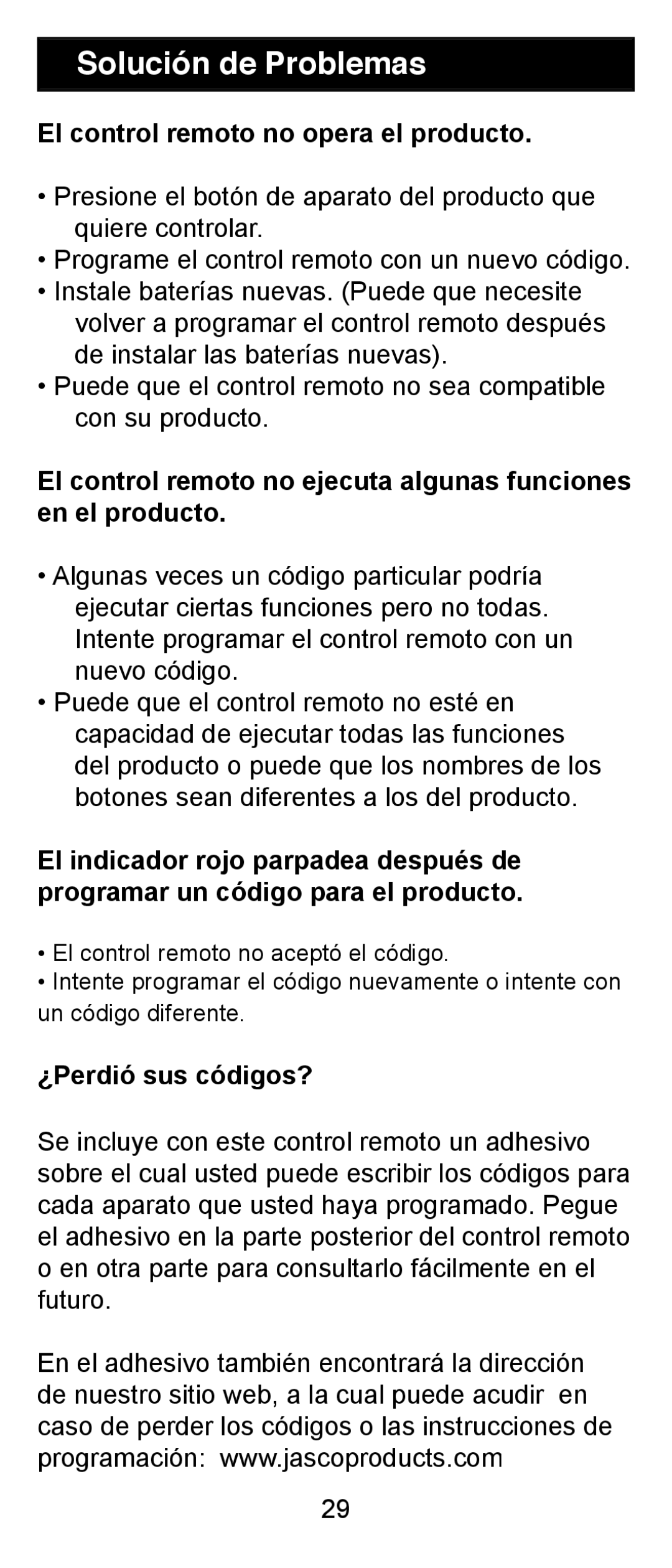 Jasco RM24911, RM84911 instruction manual Solución de Problemas, El control remoto no opera el producto 