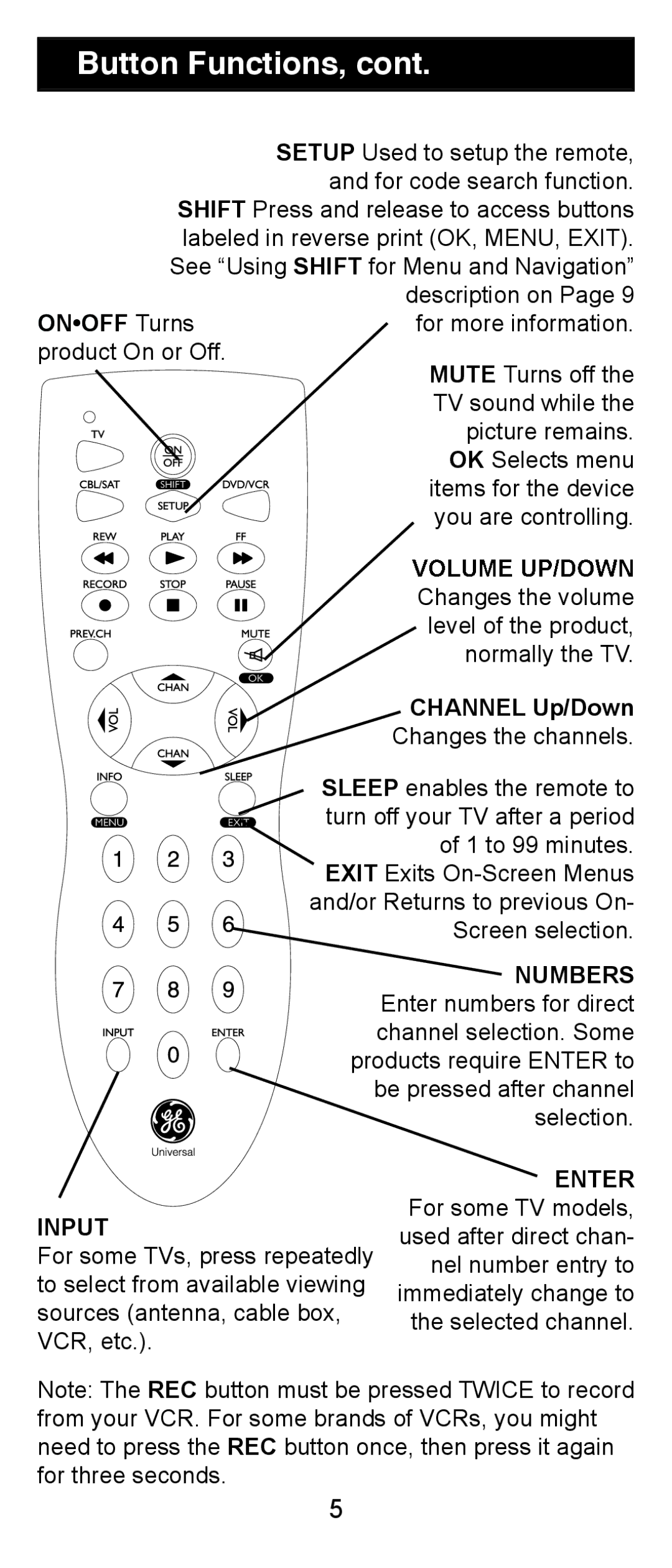 Jasco RM24911, RM84911 instruction manual Button Functions, Channel Up/Down 