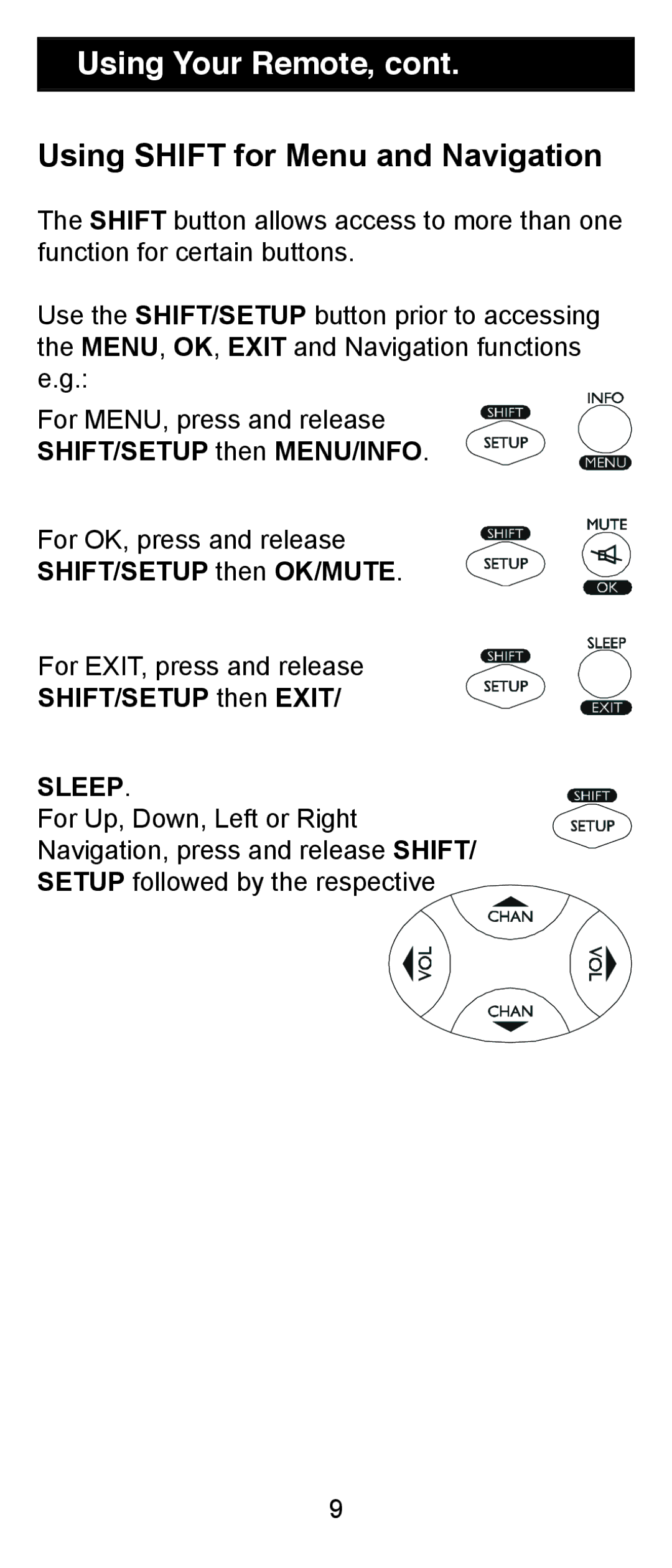 Jasco RM24911, RM84911 instruction manual Using Your Remote, Using Shift for Menu and Navigation 