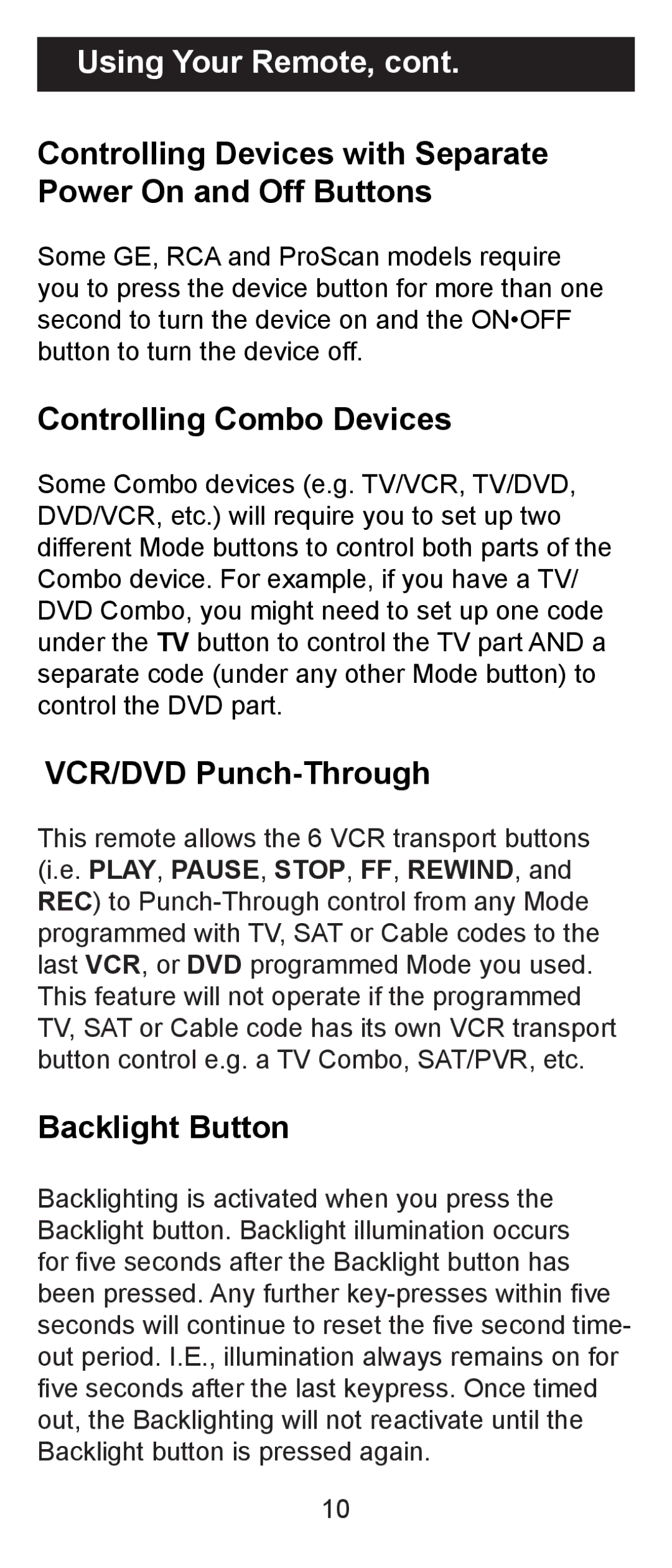 Jasco RM84930 Using Your Remote, Controlling Devices with Separate Power On and Off Buttons, Controlling Combo Devices 