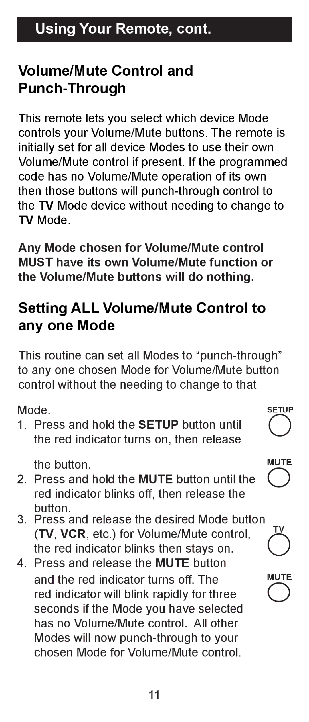 Jasco RM84930 instruction manual Volume/Mute Control Punch-Through, Setting ALL Volume/Mute Control to any one Mode 