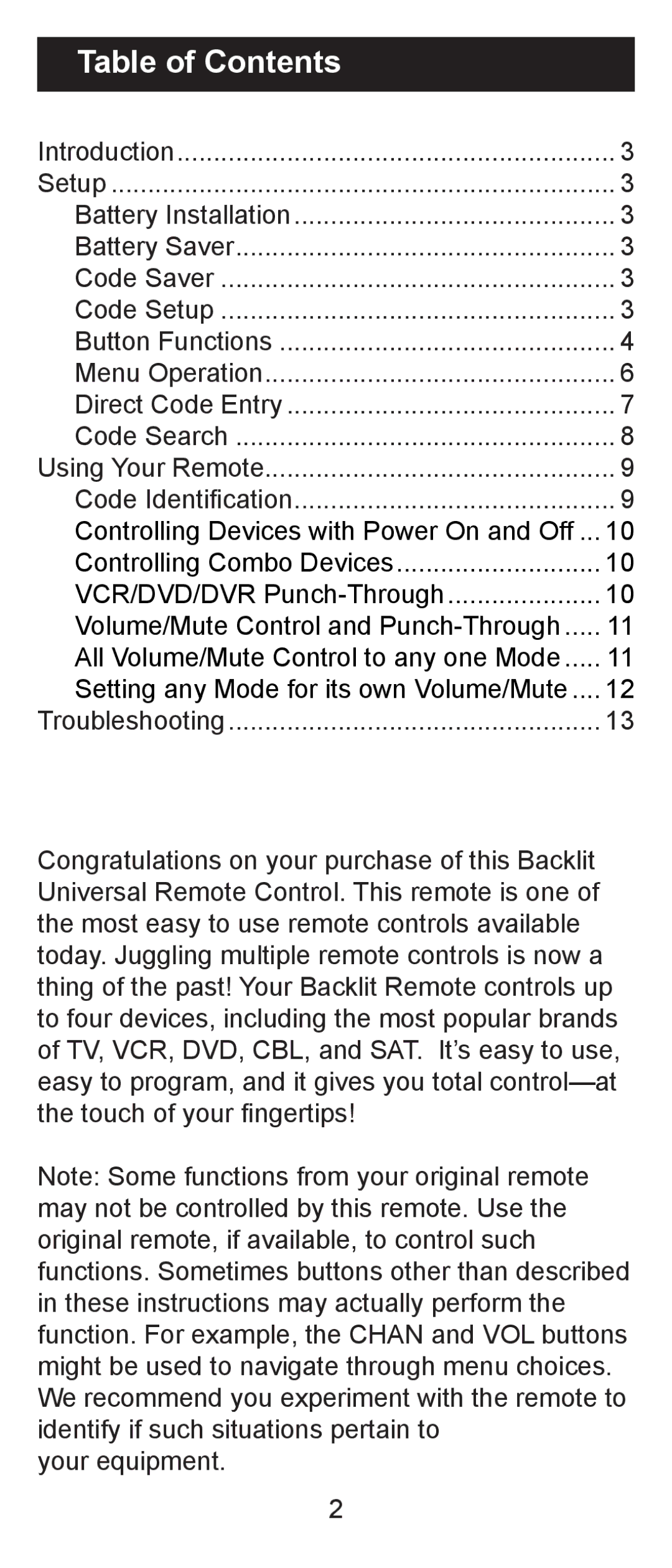 Jasco RM84930 instruction manual Table of Contents 