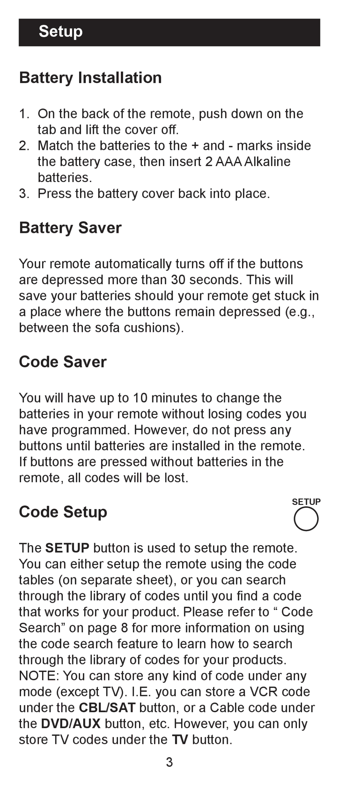 Jasco RM84930 instruction manual Battery Installation, Battery Saver, Code Saver, Code Setup 